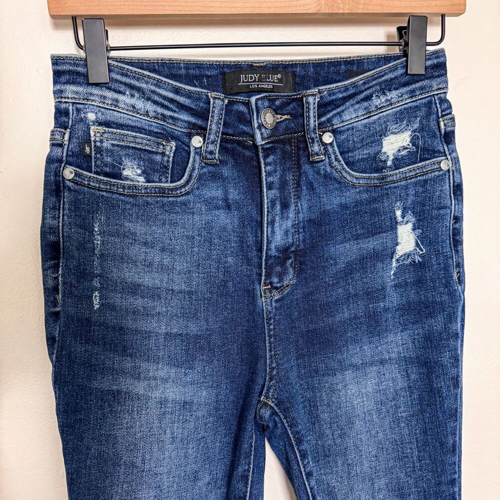 Judy Blue High Waisted Dark Wash Skinny Fit Denim Distressed Jeans - Picture 3 of 5